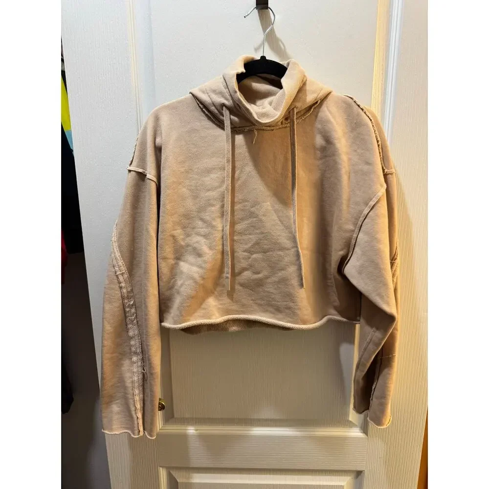 Alo Yoga Effortless Crop Hoodie Funnel Neck Taupe Raw Edge Est Large